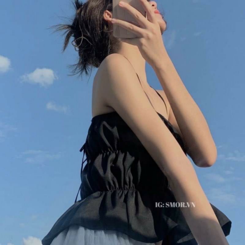 Áo yếm nhún hở lưng kèm ảnh thật