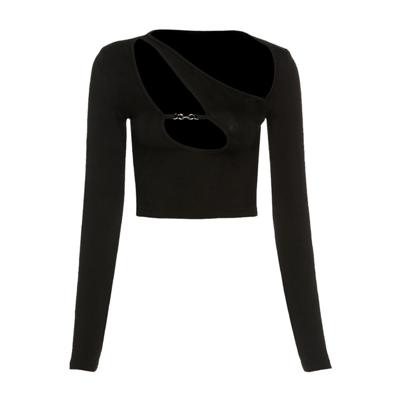 Brroa Áo Croptop Tay Dài Dáng Ôm Co Giãn Khoét Rỗng Không Đối Xứng Màu Đen Phong Cách Harajuku Quyến Rũ Cho Nữ