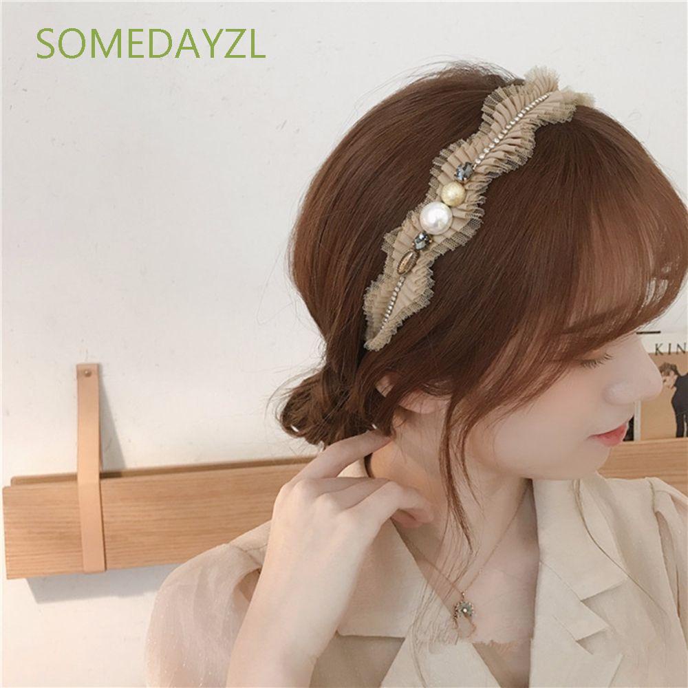 Băng Đô Cài Tóc Phối Ren Lưới Đính Ngọc Trai Phong Cách Cổ Điển Thanh Lịch Dành Cho Nữ
