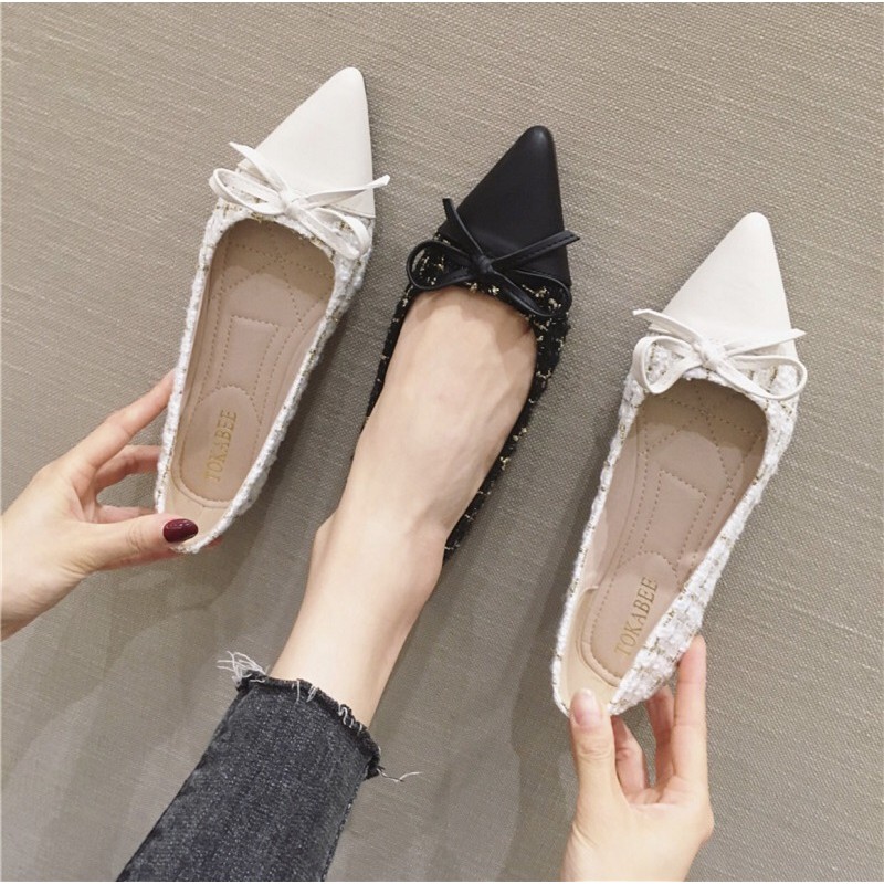 Giày bệt búp bê nữ phối dạ đính nơ kiểu dáng đơn giản da mềm êm chân - B29