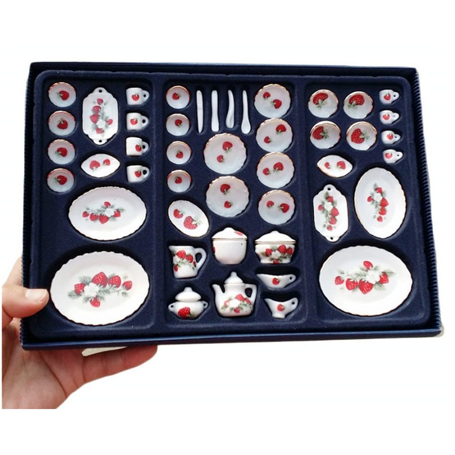 Bộ full đồ sứ tem dâu tây dành cho nhà bếp trang trí bonsai, tiểu cảnh, nhà búp bê DIY
