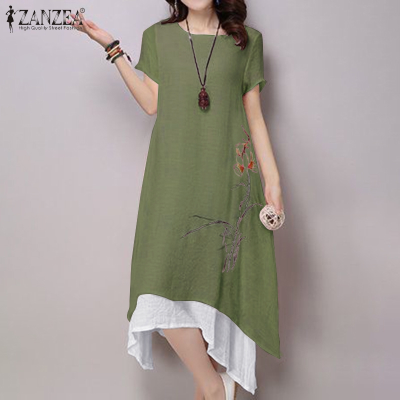 Đầm Nữ ZANZEA Dài Tay Cổ Tròn Xếp Ly Thời Trang