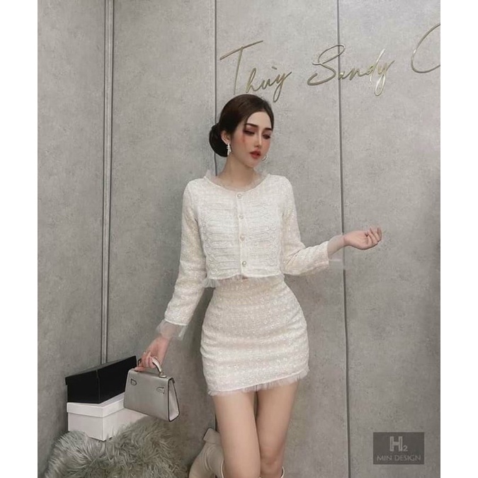 Bộ Dạ Tweed Viền Ren, Set Dạ Tweed Áo Dạ Tweed  Kèm Chân Váy Dạ Tweed Phối Lưới / 2 Màu Trắng Xanh / Size S-M