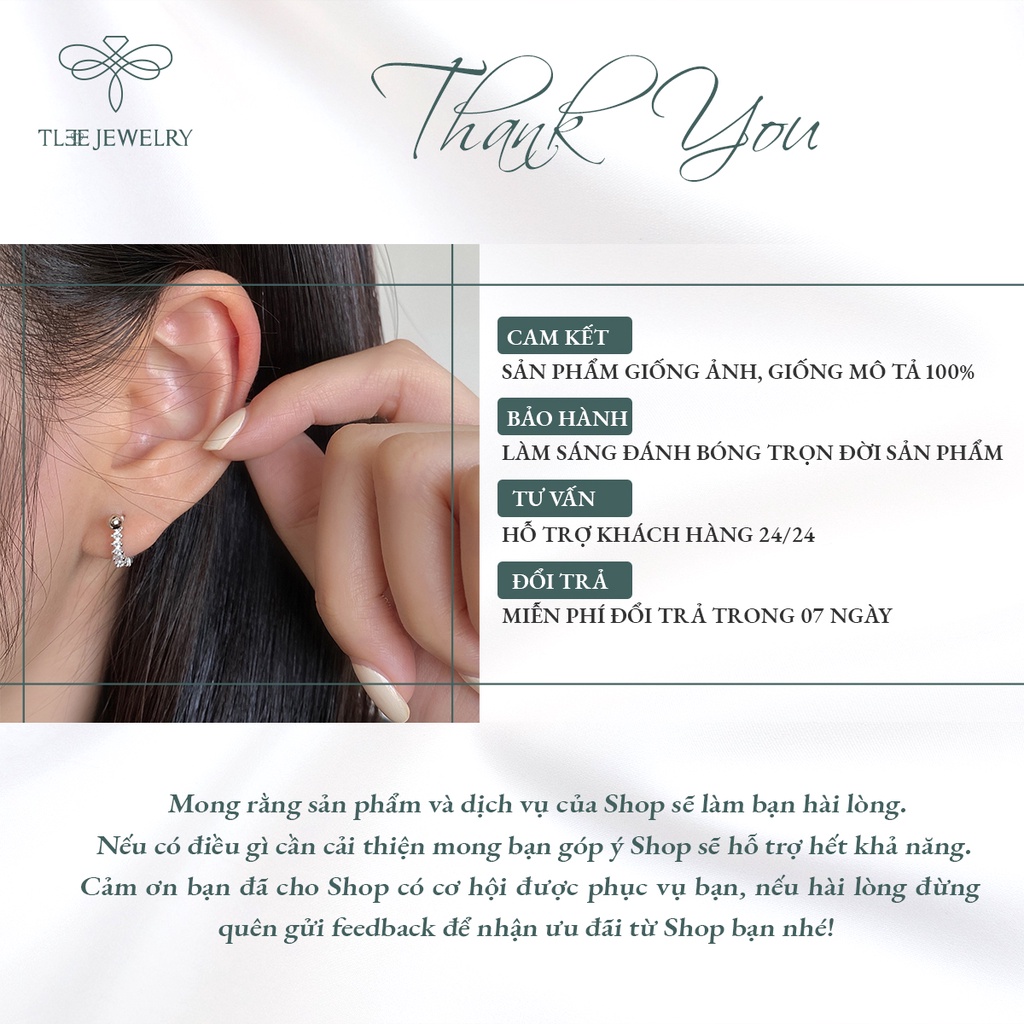 Khuyên tai bạc unisex TLEE cong nạm đá chốt vặn thẳng NCJ B0149