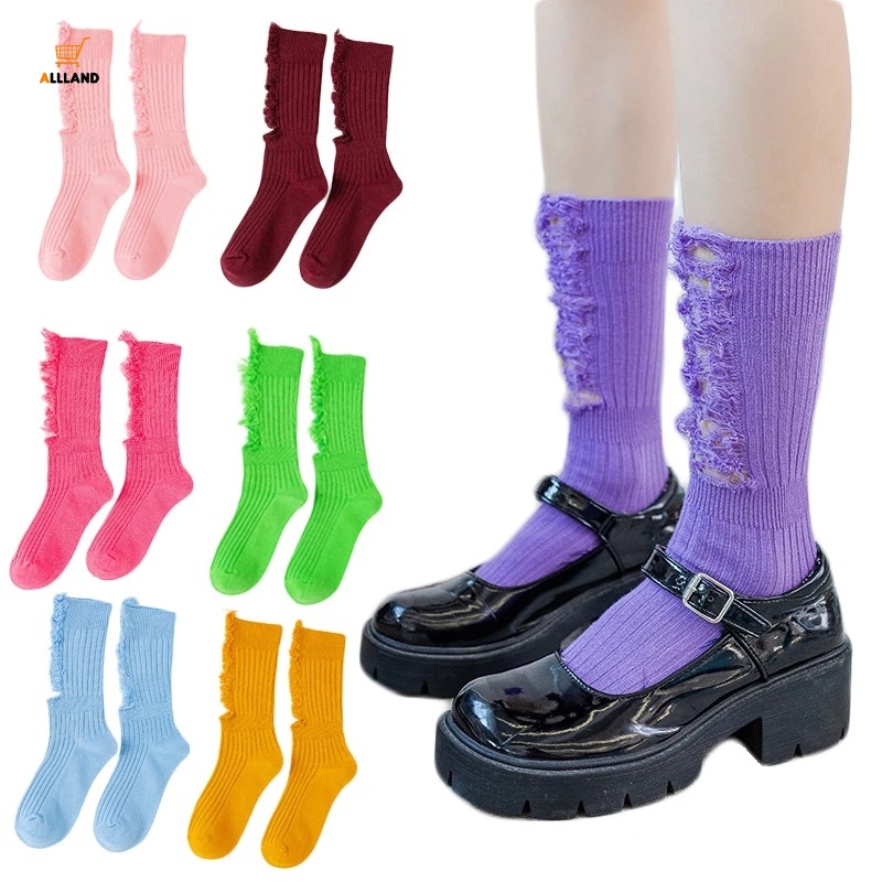Đôi vớ cotton cổ cao thiết kế rách thoáng khí thời trang cho nữ