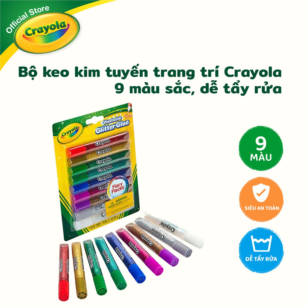 Bộ keo kim tuyến trang trí Crayola 9 màu sắc, dễ tẩy rửa