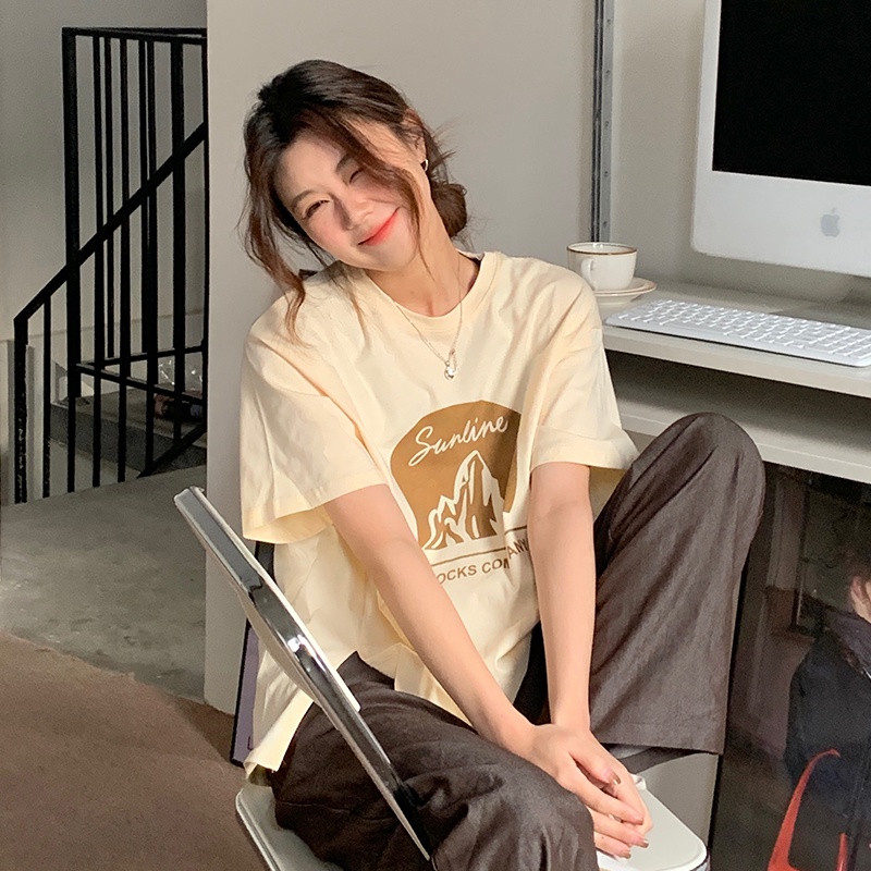 Áo thun SUXI tay ngắn cổ tròn form rộng in họa tiết phong cách đường phố