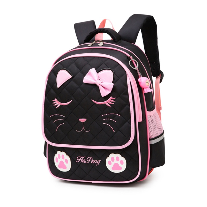 Ba Lô Nylon Đính Nơ Mặt Mèo Cỡ Lớn Cho Bé Gái Tiểu Học