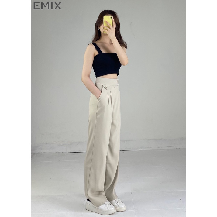 Quần suông cạp túi tam giác EMIX (4 màu), khóa cúc, dáng suông dài, form rộng, cạp cao, khóa giữa, chất ruby 255
