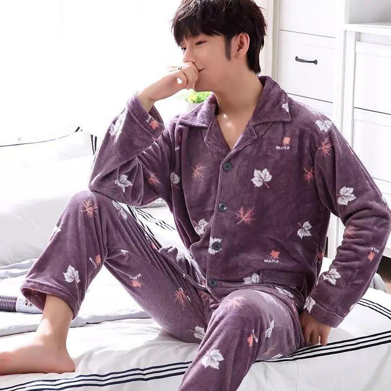 Bộ Đồ Ngủ Mặc Nhà Vải Flannel Phối Nhung Dày Thời Trang Mùa Đông Cho Nam