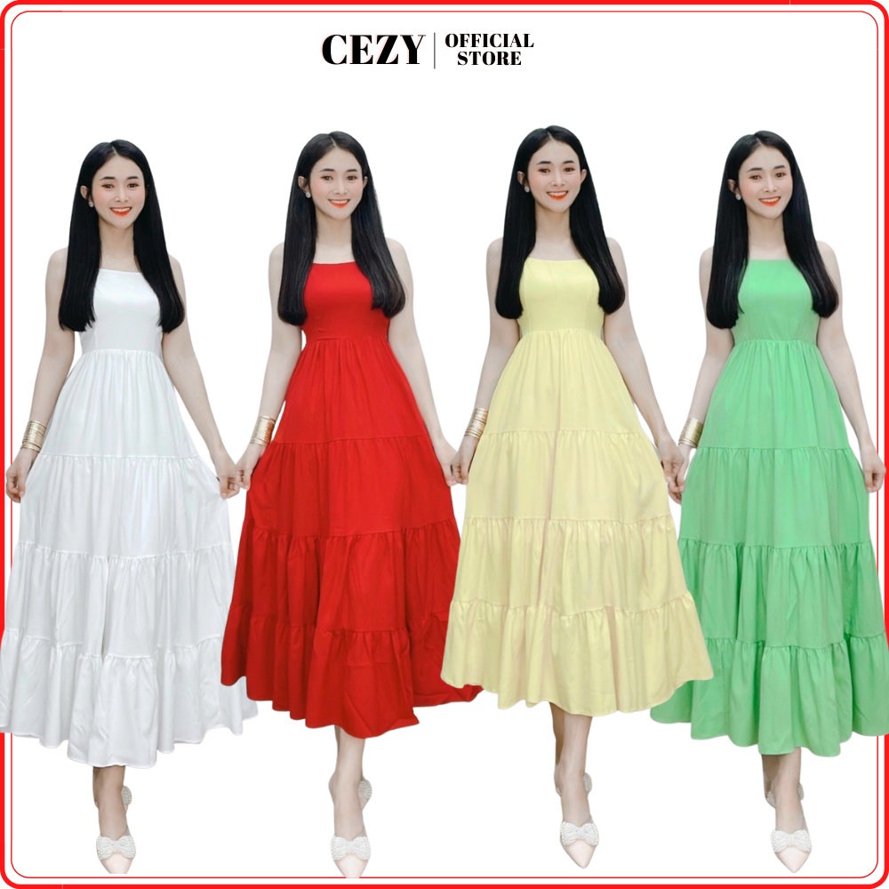 Đầm maxi 2 dây đi biển đẹp dáng xòe dài có dây thắt eo có size bigsize Cezy D33