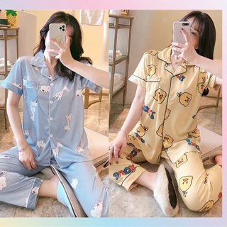 Đồ ngủ Pijama tay cộc quần dài in hoạ tiết con vật cute, bộ pijama quần dài chất cotton mềm mịn dành cho nữ