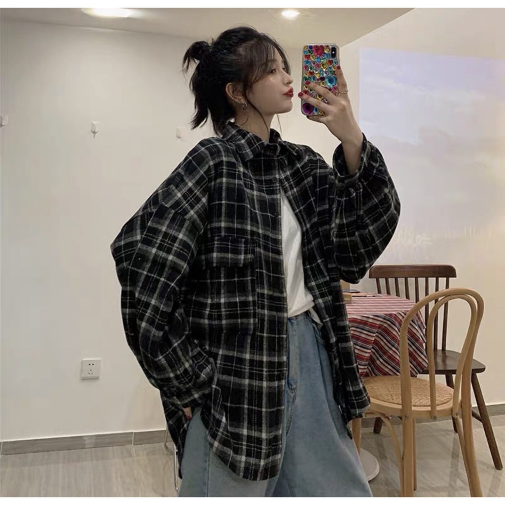 ÁO SƠ MI KẺ OVERSIZE TAY ĐÈN LỒNG NHIỀU MÀU - Áo Khoác Somi Caro dài tay phồng form rộng ulzzang