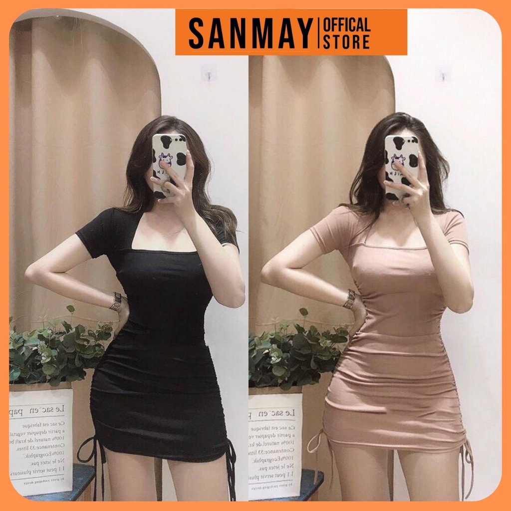 Váy Body Nhún SANJOLI Đầm Ôm Sexy Nữ Cổ Vuông Rút Dây 2 Bên, Dáng Bó Eo Thun Tay Ngắn Thiết Kế Dự Tiệc Trắng Đen VD048 | BigBuy360 - bigbuy360.vn