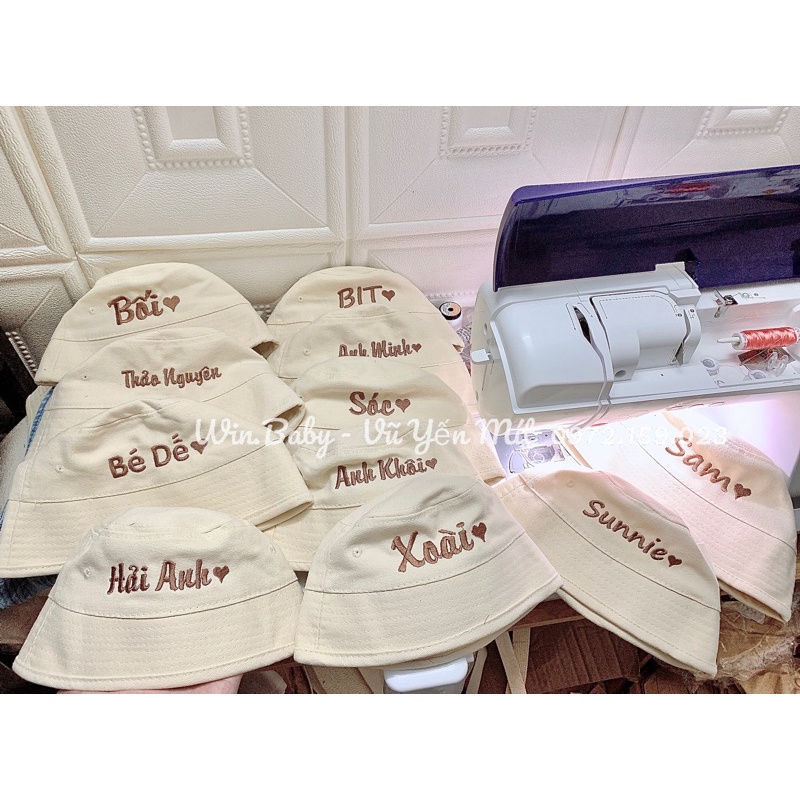 Mũ bucket kaki thêu tên cho bé