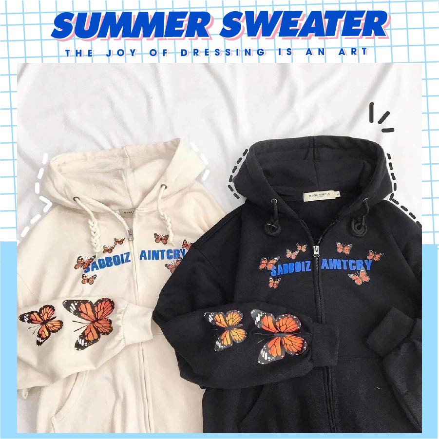Áo khoác nữ chóng nắng unisex form rộng có dây kéo in logo bướm, dành cho nam nữ kèm ảnh thật SUMMER SWEATER