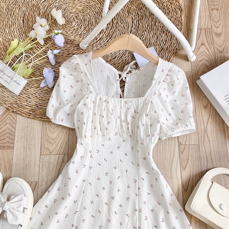 Váy hoa thô hoa Vân nổi loại dày dặn 2lớp bo eo tôn dáng cực Xinh