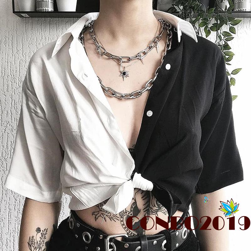 HGM-Summer trend fashion T-shirt black and white punk style short sleeve lapel tie knot shirt shirt women