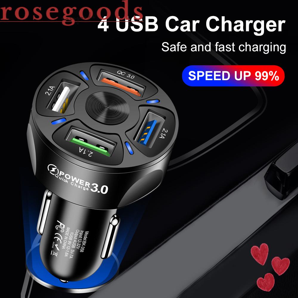 ☆Hoa Hồng☆ Tẩu Sạc Nhanh QC 3.0 4 Cổng USB Màn Hình LED Nhiều Màu Thông Dụng Cho Xe Hơi