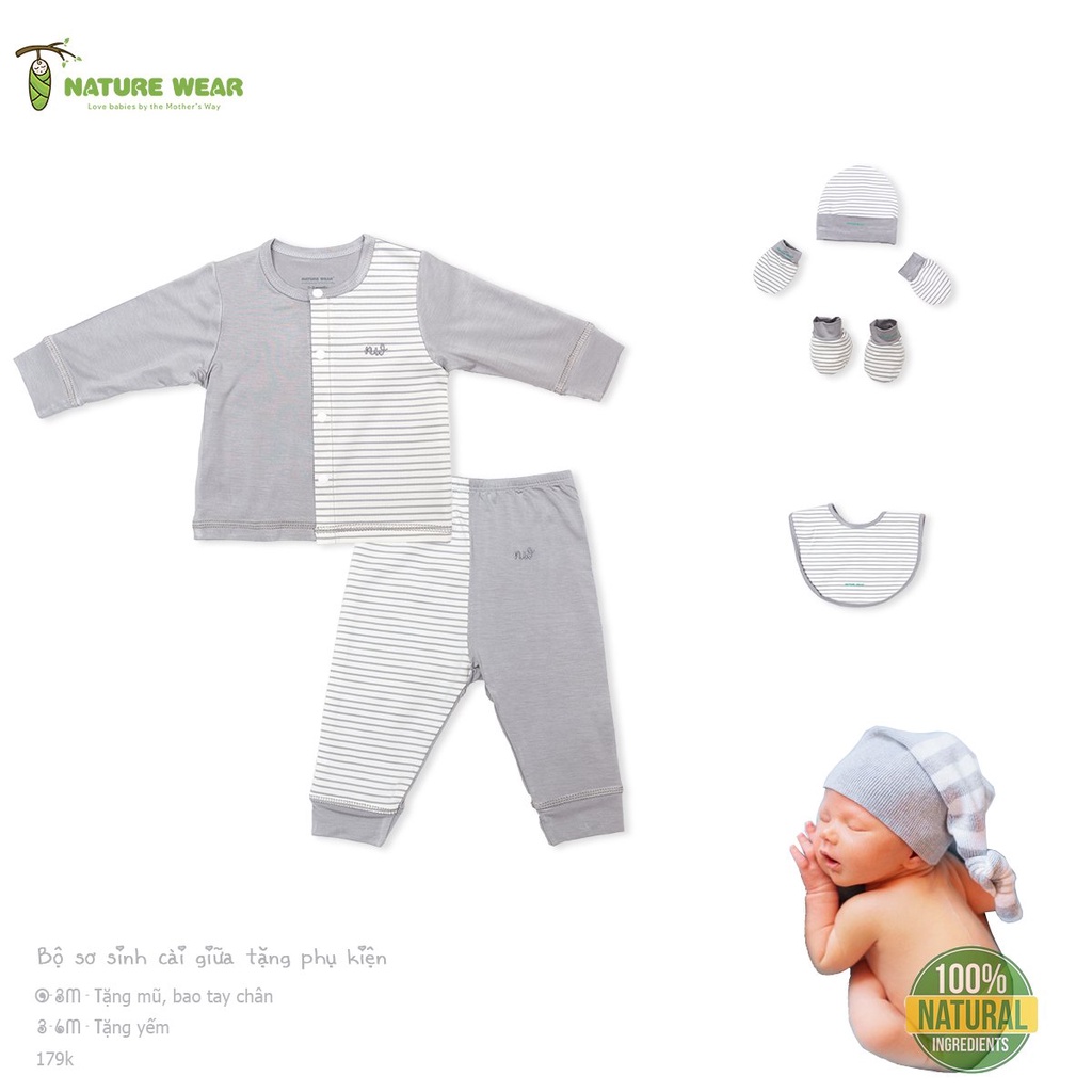 Bộ sơ sinh dài cài giữa kẻ Nature Wear