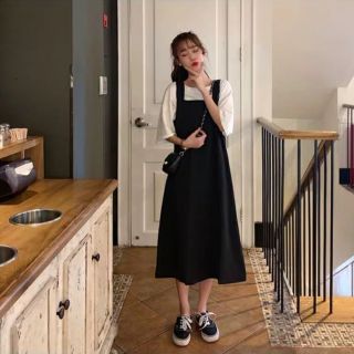 Áo Thun basic tay lỡ + Yếm Đầm 2 dây cổ vuông Ulzzang Đô Đô 18 Home