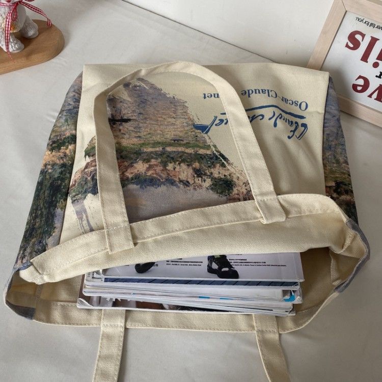 Túi Tote Vải Canvas Cỡ Lớn Họa Tiết Tranh Sơn Dầu Dễ Thương