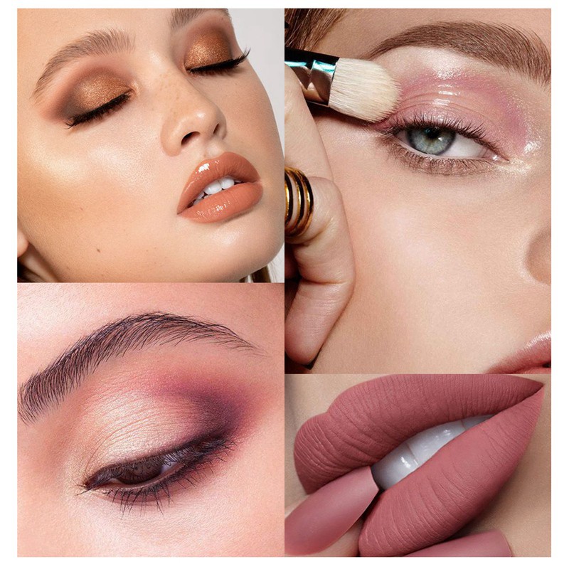 [Hàng mới về] Bộ mỹ phẩm trang điểm Popfeel gồm phấn mắt + bút vẽ chân mày + son môi + cọ và mút tán có túi đựng | BigBuy360 - bigbuy360.vn