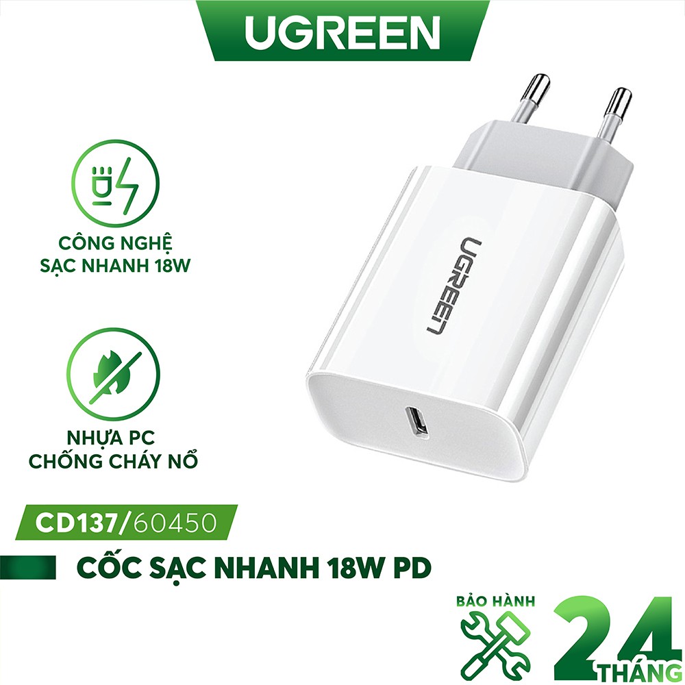 Sạc nhanh  UGREEN CD137 60450 1 cổng USB Type C hỗ trợ PD QC 4.0 3.0 tối đa 18W cho iPhone 12 / Samsung / Xiaomi