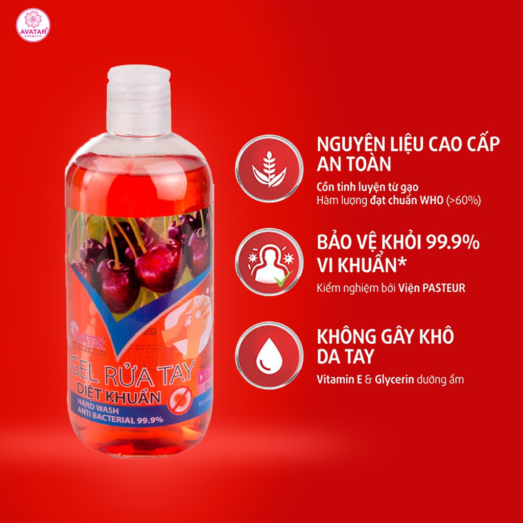 Gel rửa tay Avatar diệt khuẩn hương Cherry 500ml - Mua 3 tặng 1 chai cùng dung tích