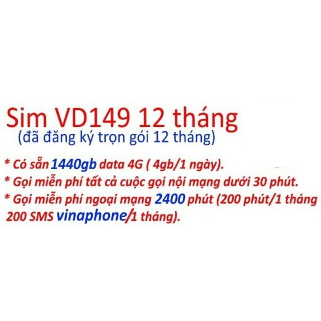 SIM 4G VINA GÓI VD149-12T – TẶNG 4Gb TỐC ĐỘ CAO VÀ 30 PHÚT NỘI MẠNG/NGÀY