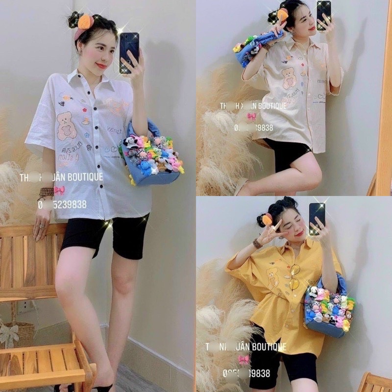 Set Bộ Đồ Nữ Áo Sơ Mi Gấu Hoa + Quần Legging Ngố [ Kèm Video]