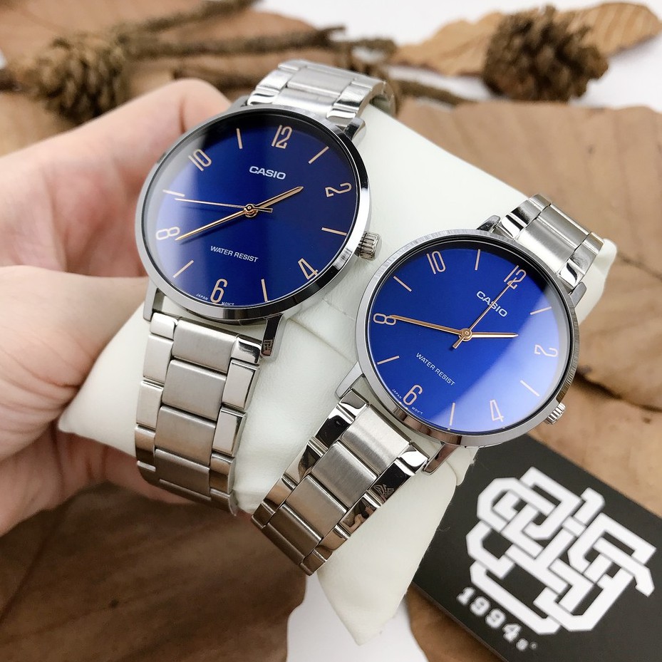 Đồng hồ cặp Casio MTP-VT01D-2B2 / LTP-VT01D-2B2 dây thép không gỉ, size 34mm, 40mm chống nước, hàng chính hãng