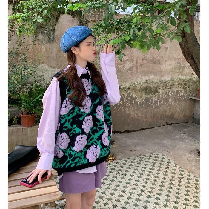 Set Áo Sơ Mi Form Rộng Họa Tiết Hoa Và Áo Len Không Tay Thời Trang Cho Nữ