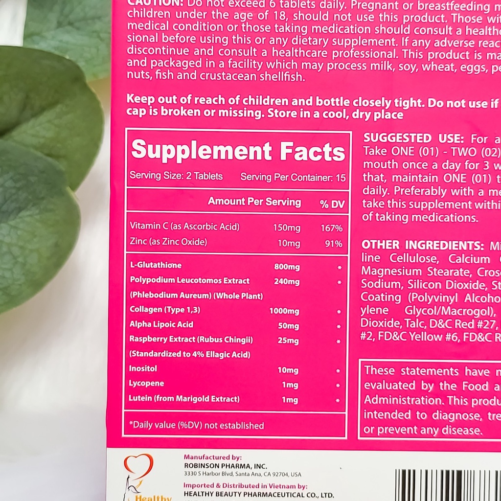 Viên uống trắng da chống lão hoá Healthy Beauty Gluta White+ HB L-Glutathione 800mg hộp 30 viên