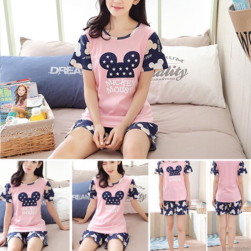 Đồ bộ mặc nhà ngắn tay dáng rộng in hình hoạt hình dễ thương cho nữ