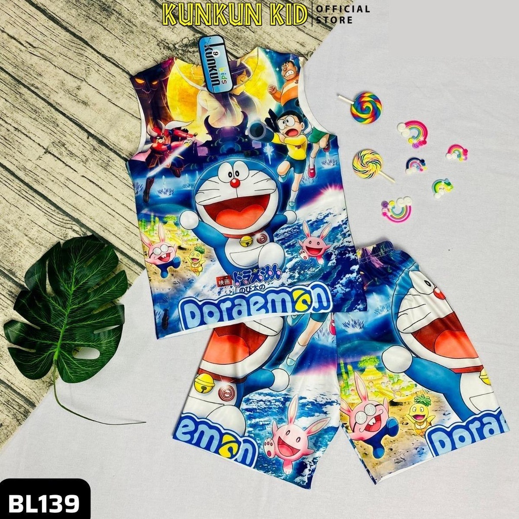 Đồ bộ ba lỗ thun lạnh hình doraemon xanh đậm cho bé trai size 10kg - 40kg Kunkun Kid BL139