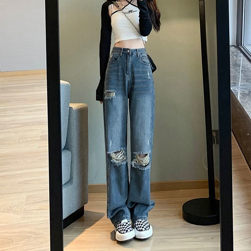 COZOKC COZOK Quần Jean Rách Ống Rộng Lưng Cao Thời Trang
