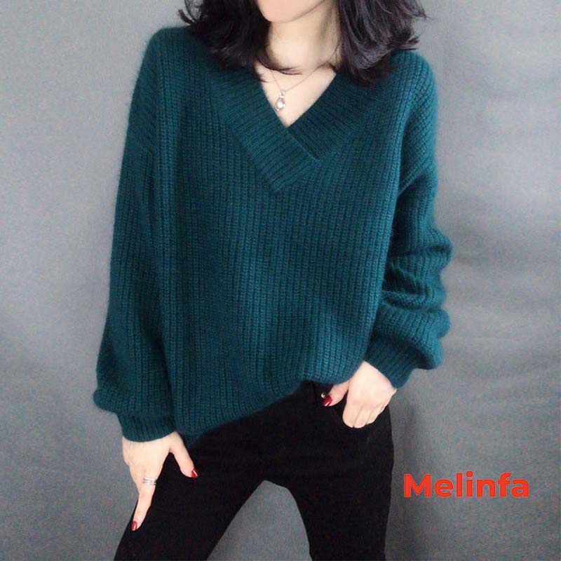 Áo len nữ cổ tim dài tay dáng thụng dày dặn mềm mịn co giãn thoải mái  thời trang Hàn Quốc mùa thu đông mã A0206