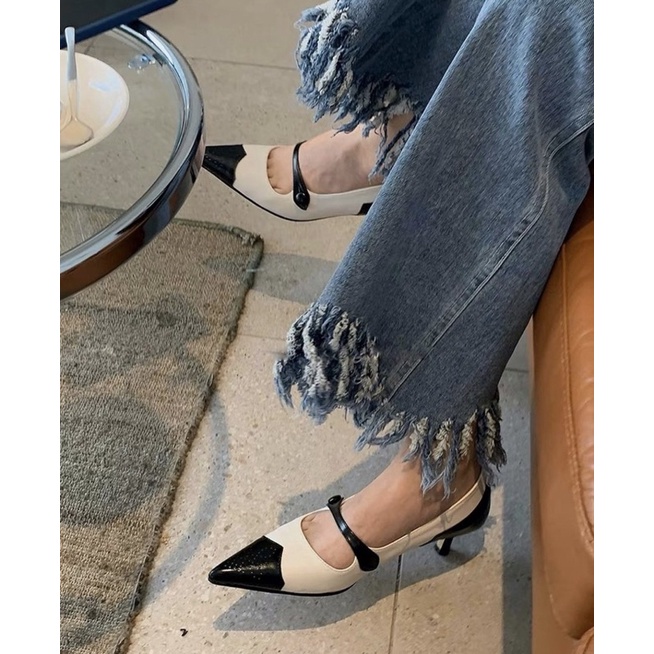 Giày nữ  mũi nhọn/ slingback nữ cao 5cm chất liệu da
