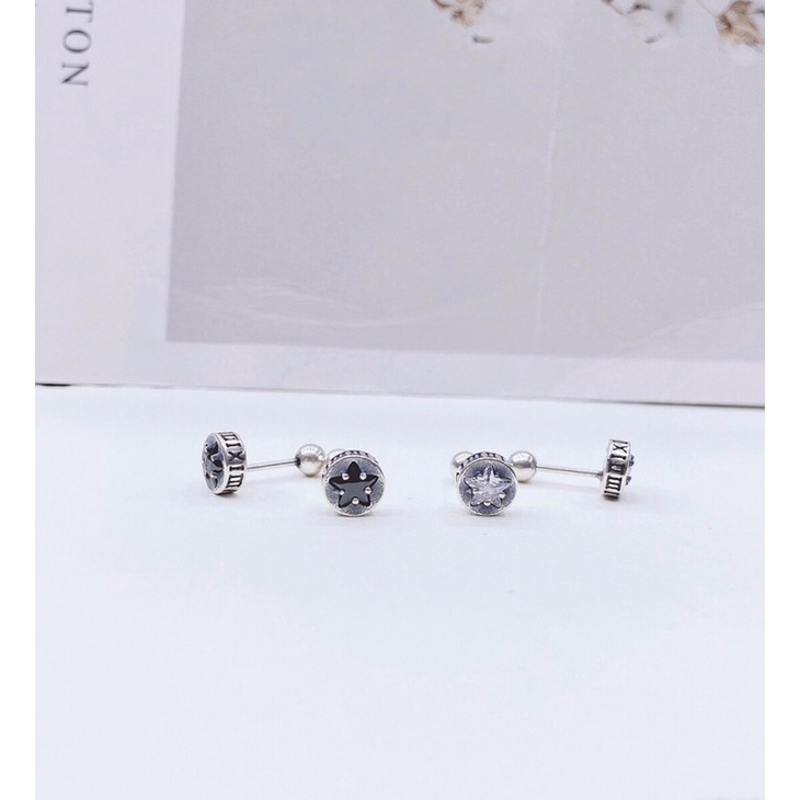 Khuyên tai bạc Thái Unisex nụ ngôi sao chữ La mã,Bông tai bạc Thái ren vặn nụ tròn bạc 925-Minh Tâm Jewelry