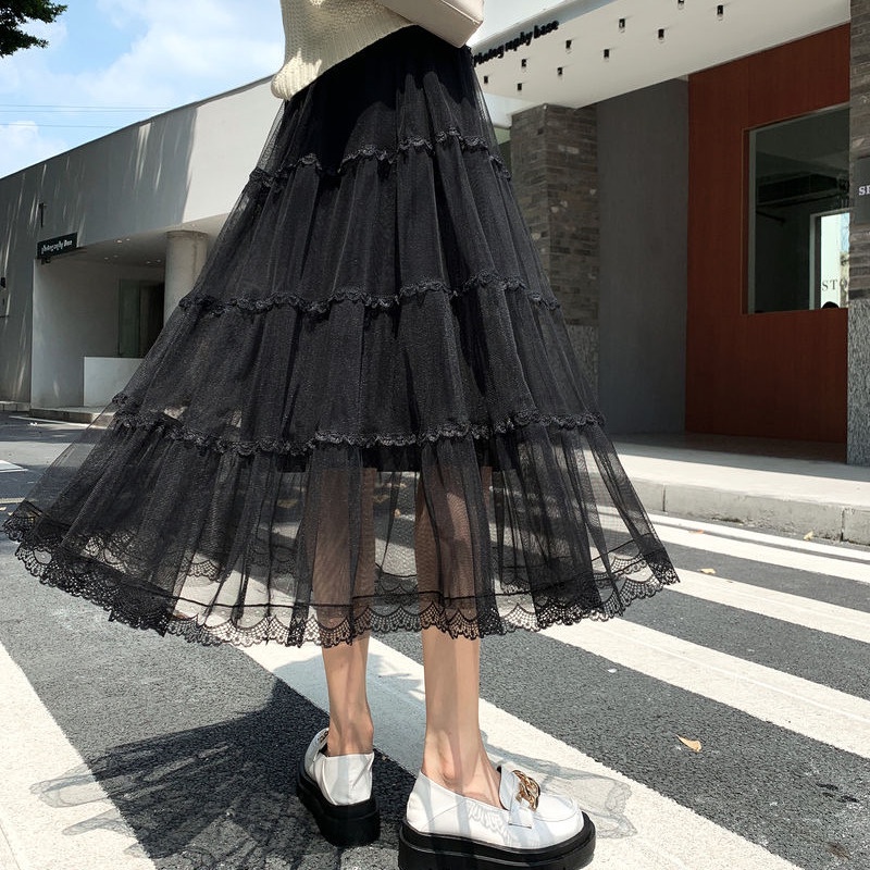 Chân Váy Chữ A Phối Ren Lưới Thời Trang Thu Đông Phong Cách Mới Cho Nữ