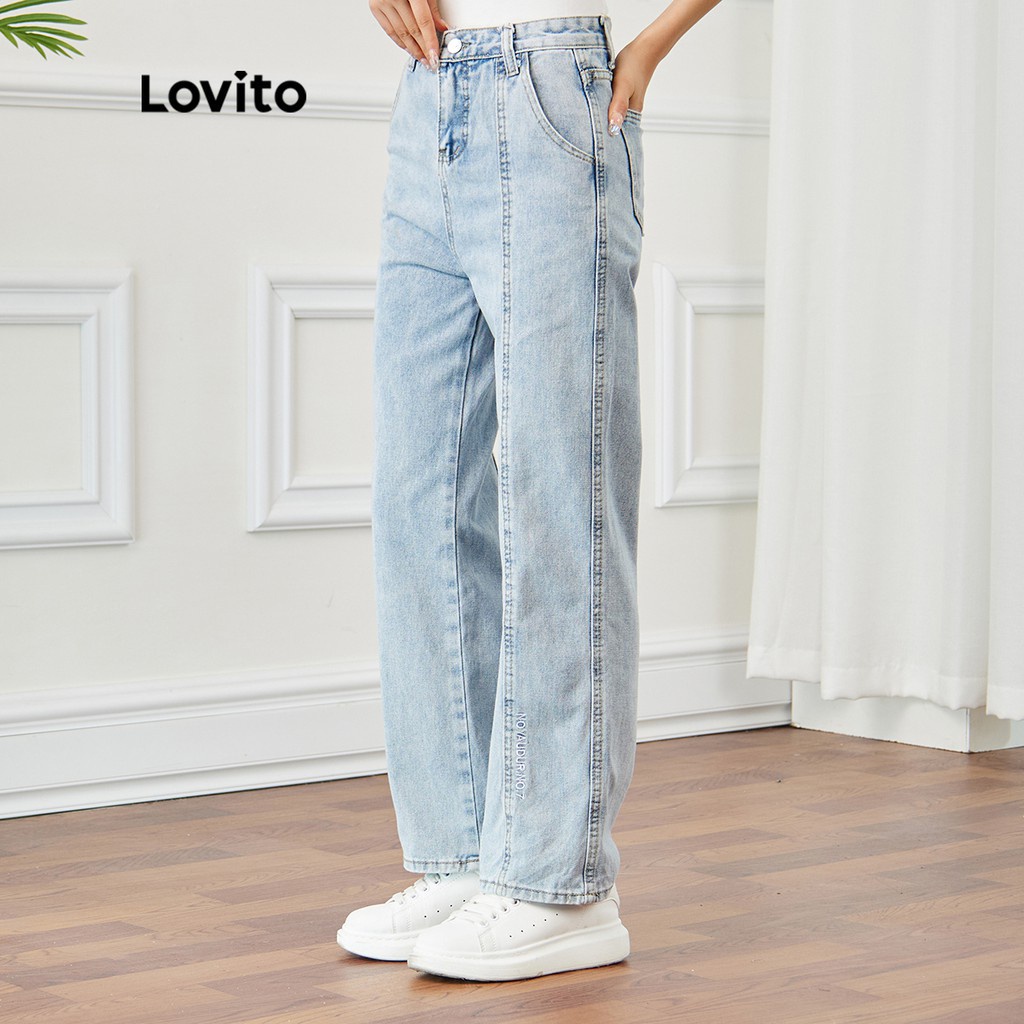 Quần jean Lovito hoạ tiết thêu màu trơn bạc màu mặc thường ngày L15X137 (màu xanh dương)