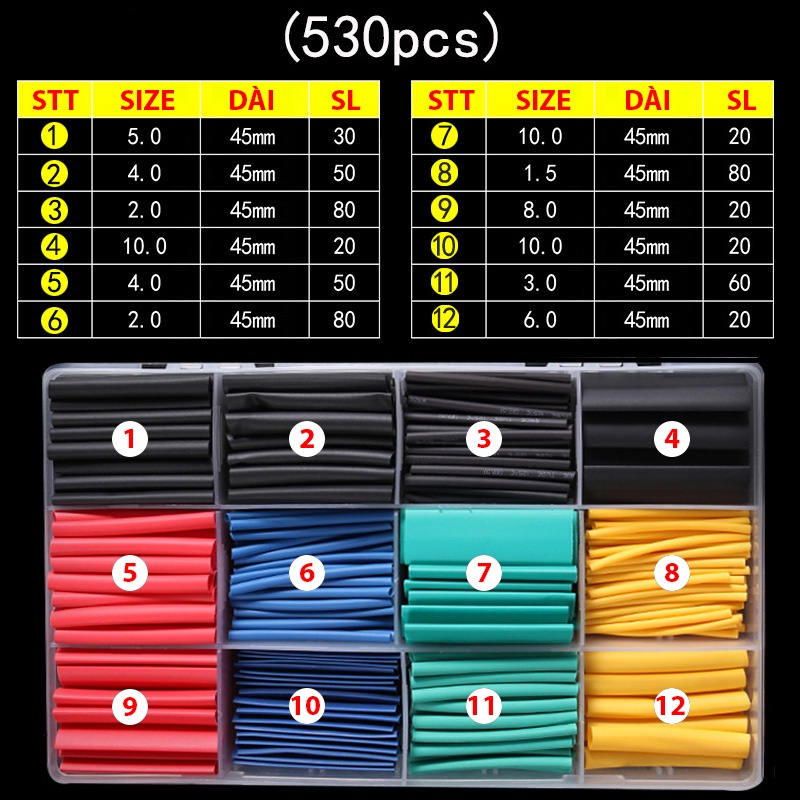 530 Ống gen co nhiệt đủ loại 1.5 2.0 3.0 4.0 5.0 6.0 8.0-10mm- 5 màu