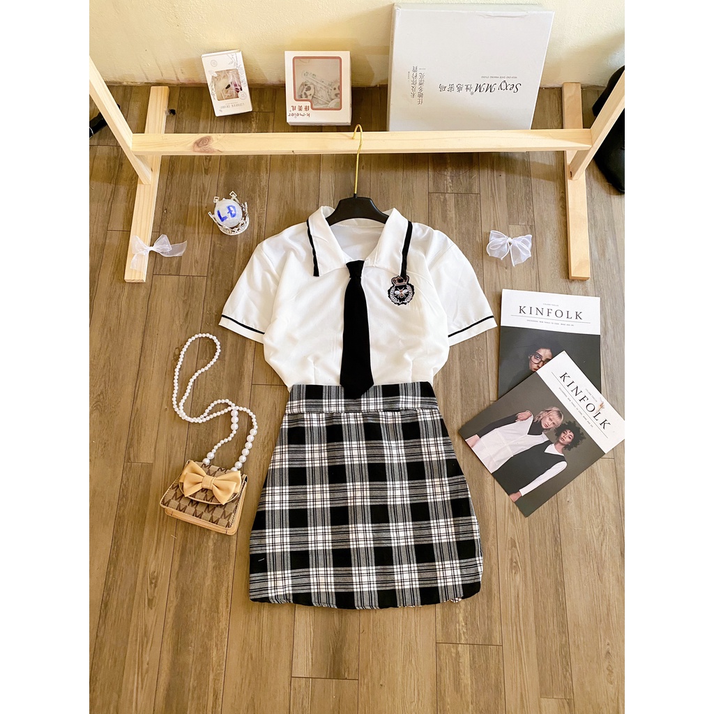 Bộ Áo Sơ Mi Kèm Carvat Mix Chân Váy Kẻ Sọc Caro Thời Trang Mùa Hè Cho Nữ 280 | BigBuy360 - bigbuy360.vn