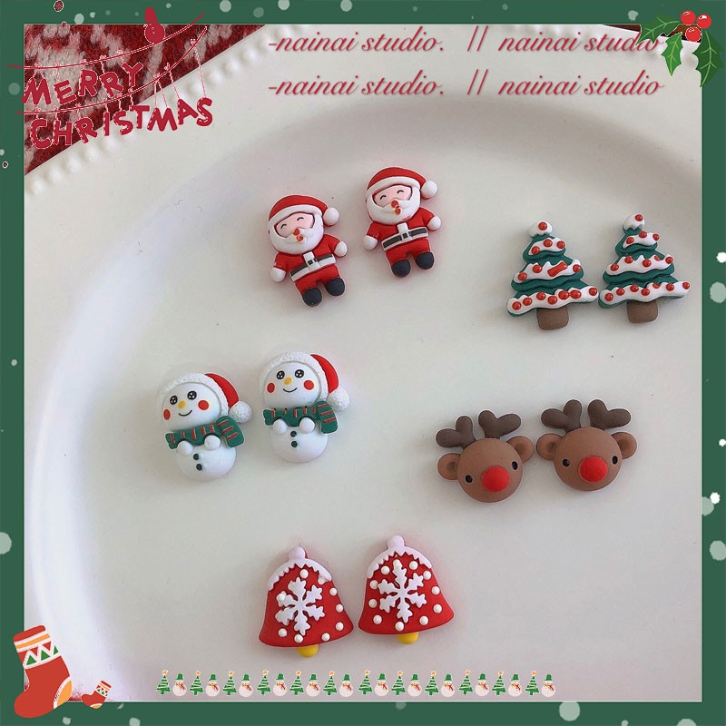Độc quyền mới giáng sinh đinh tai ~ cute bell Santa Claus đinh tai kẹp tai nhựa nai đinh tai ngọt ngào giáng sinh người tuyết đinh kẹp tai đinh