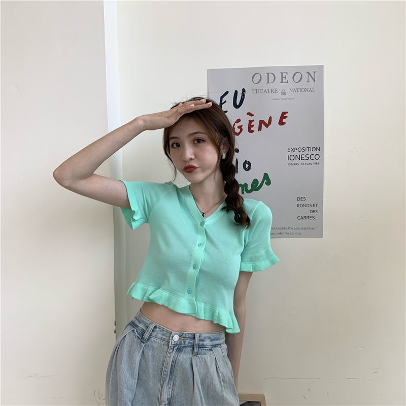Áo croptop dệt kim tay ngắn cổ chữ v phong cách Hàn Quốc