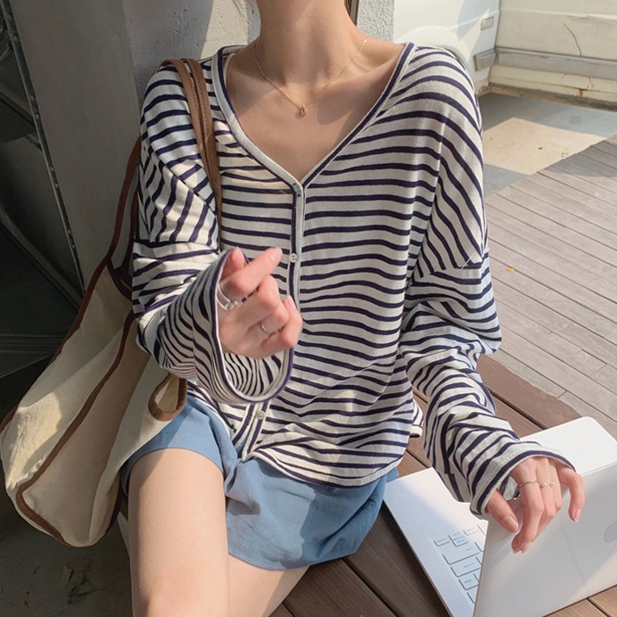 Áo Khoác cardigan Dệt Kim Mỏng Dáng Rộng Cổ Chữ V Họa Tiết Kẻ Sọc Phong Cách Hàn Quốc Thời Trang Mùa Hè Cho Nữ