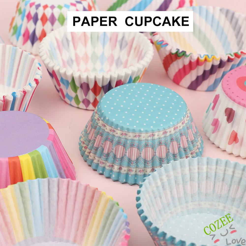 Bộ 100 cốc giấy làm bánh cupcake chống dầu nhiều màu sắc họa tiết tùy chọn sử dụng tiện lợi