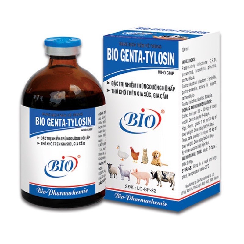 BIO GENTA-TYLOSIN 20ml TRI THỞ KHÓ, NHIỄM TRÙNG HÔ HẤP TRÊN VẬT NUÔI.