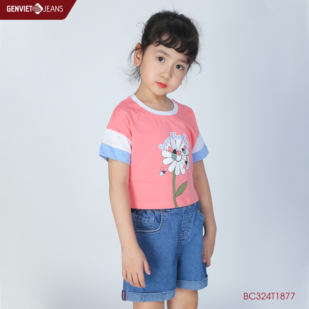 Áo thun hoa cúc cộc tay bé gái GENVIET KID BC324T1877